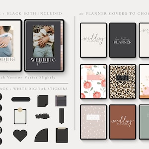 May include: A digital planner cover set with 20 different designs, including floral, leopard print, and minimalist patterns. The covers are all in shades of pink, brown, and white. The text "wedding planner" is featured on several of the covers. The set also includes 300+ black and white digital stickers.