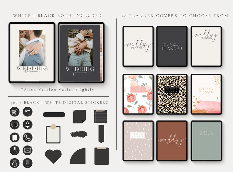 May include: A digital planner cover set with 20 different designs, including floral, leopard print, and minimalist patterns. The covers are all in shades of pink, brown, and white. The text "wedding planner" is featured on several of the covers. The set also includes 300+ black and white digital stickers.