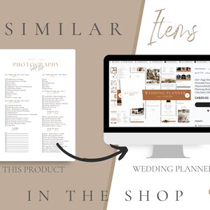 May include: A digital screen displaying a wedding planner template with a brown and white color scheme. The template includes a checklist, budget tracker, and other wedding planning tools. The text on the screen reads "Wedding Planner 150+ Pages".