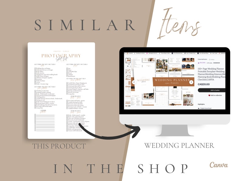 May include: A digital screen displaying a wedding planner template with a brown and white color scheme. The template includes a checklist, budget tracker, and other wedding planning tools. The text on the screen reads "Wedding Planner 150+ Pages".