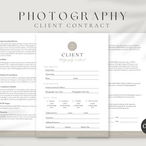Może przedstawiać: Szablon umowy z klientem fotograficznym o minimalistycznym designie. Dokument zawiera sekcje dotyczące informacji o kliencie, szczegółów sesji i cen. Tekst "Photography Client Contract" jest wyświetlany u góry.