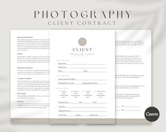 May include: A Photography Client Contract template with a minimalist design. The document features sections for client information, session details, and pricing. The text "Photography Client Contract" is prominently displayed at the top.