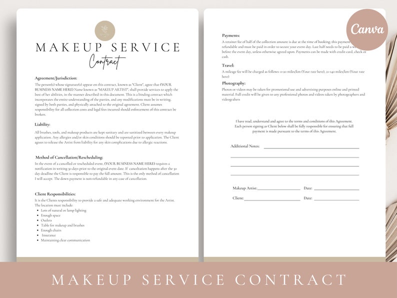 Op de afbeelding: Een zwart-witte sjabloon voor een make-up serviceovereenkomst met de titel "MAKEUP SERVICE CONTRACT" onderaan. Het contract bevat secties voor overeenkomst, rechtsgebied, aansprakelijkheid, annuleringsmethode, verantwoordelijkheden van de klant, betalingen, reizen, fotografie en aanvullende opmerkingen. Het contract is ontworpen voor make-up-artiesten om te gebruiken met hun klanten.