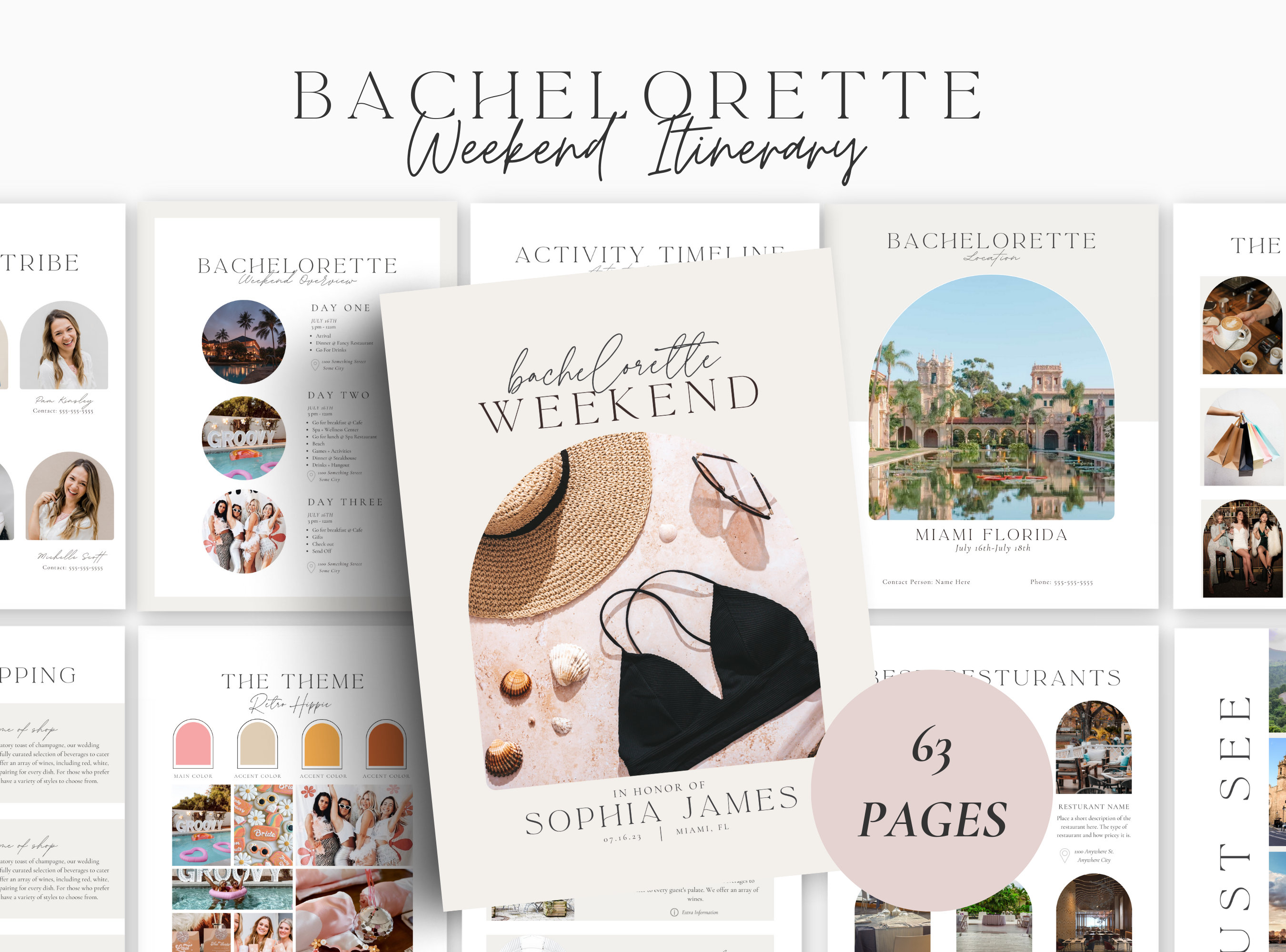 63 Page Bachelorette Weekend Planner,Weekend Itinerary,Bachelorette Itinerary Template, Bachelorette Party Invite,Editable Itinerary Canva,