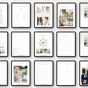 May include: A digital wedding planner with 12 pages, including sections for wedding planning, floor plan, bride, reception decor, ceremony, decor, seating chart, table decor, first dance, bride timeline, wedding, ceremony entrance, and wedding.