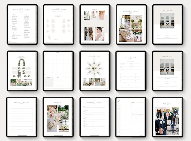 May include: A digital wedding planner with 12 pages, including sections for wedding planning, floor plan, bride, reception decor, ceremony, decor, seating chart, table decor, first dance, bride timeline, wedding, ceremony entrance, and wedding.