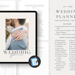 May include: A digital wedding planner for Goodnotes and Notability. The planner features a hyperlinked table of contents, interactive ceremony and reception planners, and checklists. The planner includes mood boards, seating charts, timelines, guest lists, budget planners, decor planners, payment trackers, vendor contact trackers, vendor comparisons, dress and suit information, inspiration boards, and more.