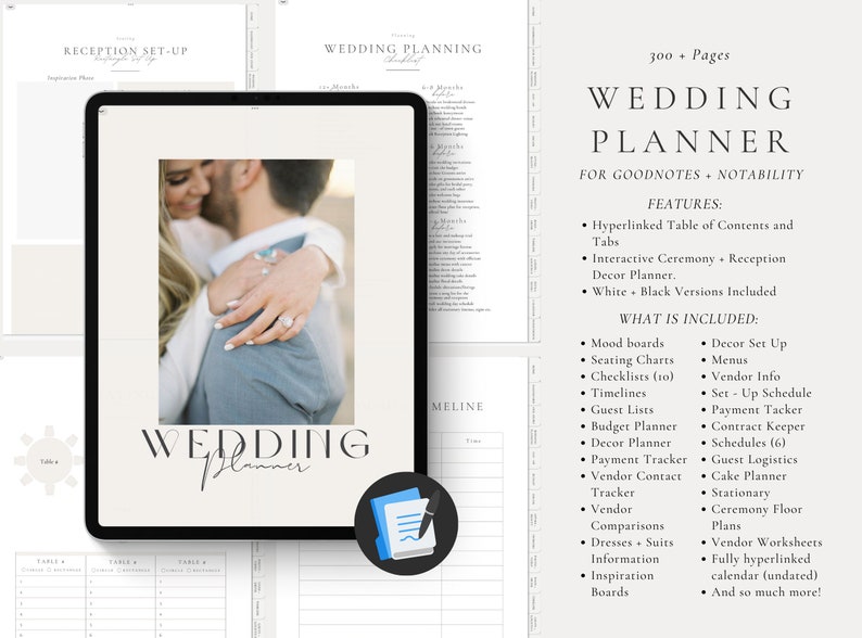 May include: A digital wedding planner for Goodnotes and Notability. The planner features a hyperlinked table of contents, interactive ceremony and reception planners, and checklists. The planner includes mood boards, seating charts, timelines, guest lists, budget planners, decor planners, payment trackers, vendor contact trackers, vendor comparisons, dress and suit information, inspiration boards, and more.
