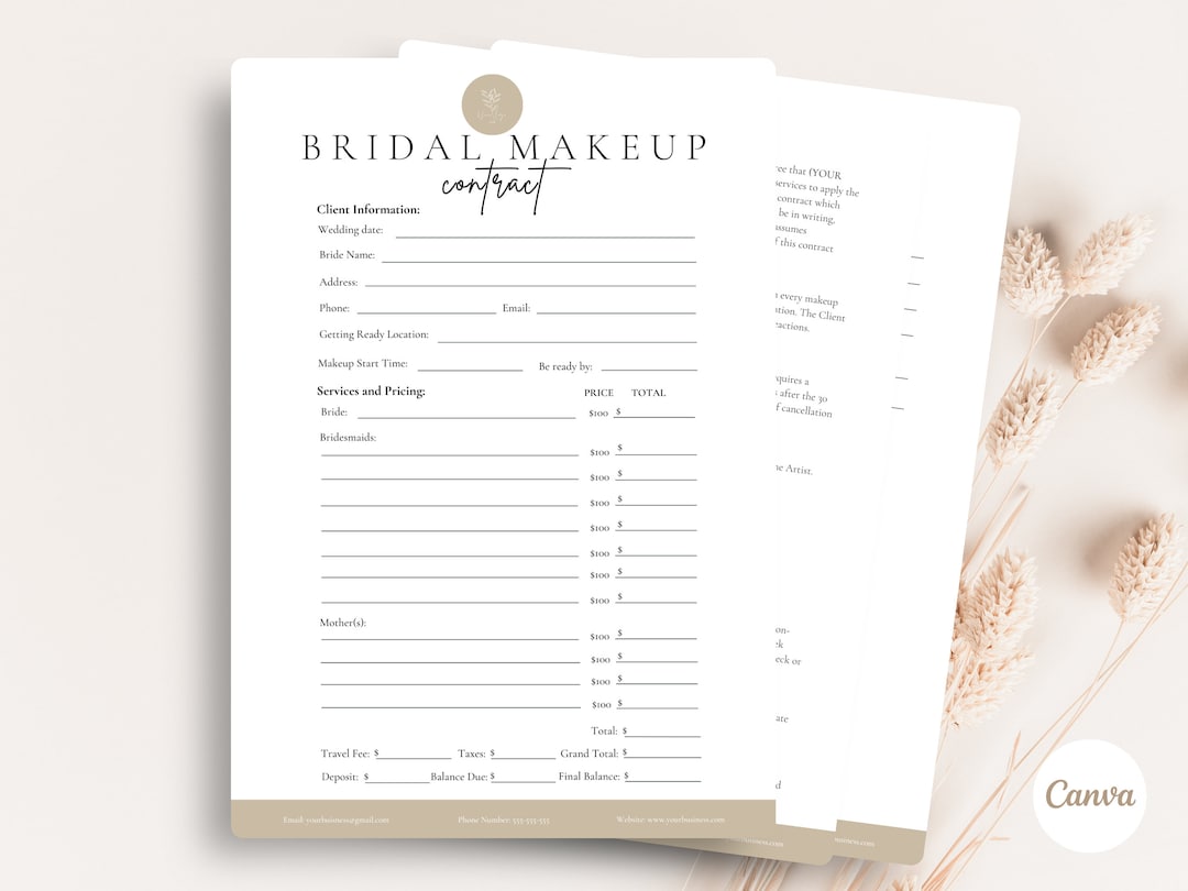 Editable Bridal Makeup Contract Template,freelance Makeup Artist Editable Bridal Makeup Contract Template,freelance Makeup Artist