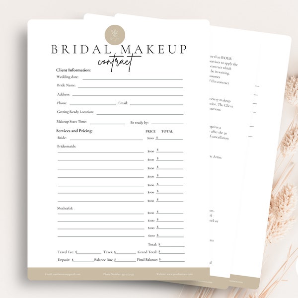 Editable Bridal Makeup Contract Template,Freelance Makeup Artist Contract,Makeup Artist,Makeup Contract Template, Cosmetology CANVA TEMPLATE