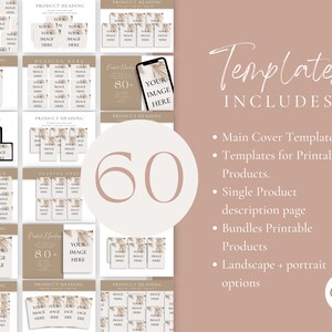May include: A collage of 60 Canva templates for social media and printable products. The templates feature a neutral color palette with beige and brown tones and a minimalist design with a focus on images and text. The templates include main cover templates, templates for printable products, single product description pages, bundles printable products, and landscape and portrait options.