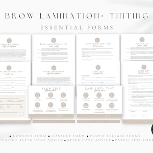May include: A set of printable forms for brow lamination and tinting services. The forms include consent, consult, photo release, aftercare advice, and patch test forms. The forms are designed in a minimalist style with a light brown color scheme.
