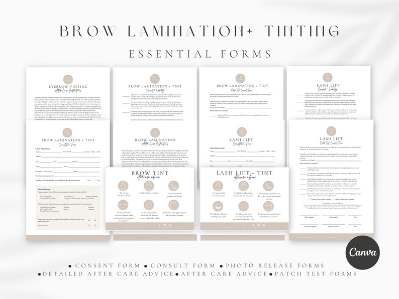 May include: A set of printable forms for brow lamination and tinting services. The forms include consent, consult, photo release, aftercare advice, and patch test forms. The forms are designed in a minimalist style with a light brown color scheme.
