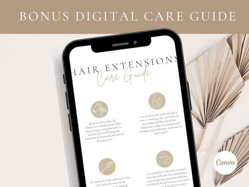 Puede incluir: Una pantalla de tel&eacute;fono inteligente que muestra una gu&iacute;a digital para el cuidado de las extensiones de cabello. La gu&iacute;a incluye consejos sobre c&oacute;mo secar al aire o con secador las extensiones de cabello, usar aceite en las puntas y usar un champ&uacute; y acondicionador sin sulfatos.
