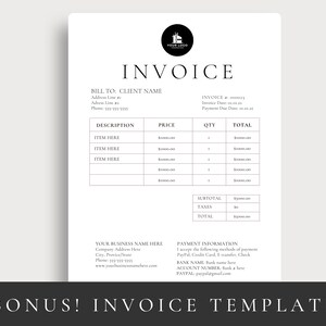 Puede incluir: Plantilla de factura en blanco y negro con un dise&ntilde;o sencillo. La plantilla incluye secciones para informaci&oacute;n de facturaci&oacute;n, descripci&oacute;n, precio, cantidad, total, subtotal, impuestos e informaci&oacute;n de pago.