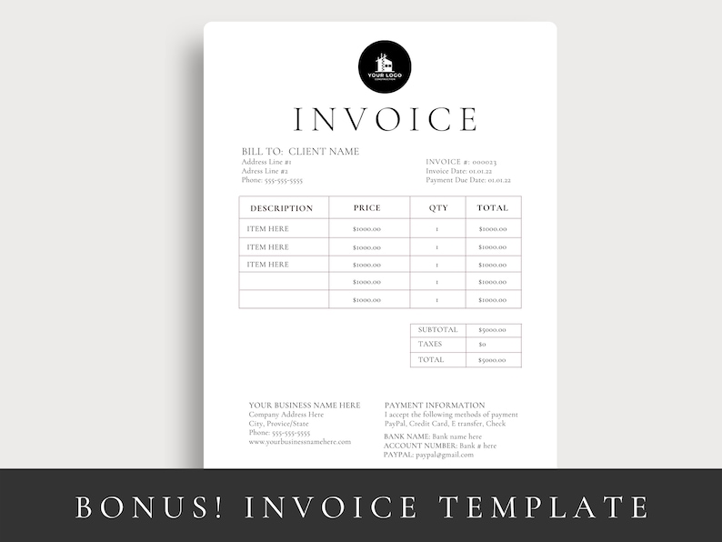 Puede incluir: Plantilla de factura en blanco y negro con un dise&ntilde;o sencillo. La plantilla incluye secciones para informaci&oacute;n de facturaci&oacute;n, descripci&oacute;n, precio, cantidad, total, subtotal, impuestos e informaci&oacute;n de pago.