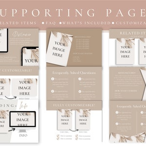 May include: A digital mockup of a website with a beige background and brown palm leaf illustrations. The website is for a product or service that is fully customizable. The website includes sections for related items, frequently asked questions, what's included, and how to get started. The website also includes a section for the product's heading and info.