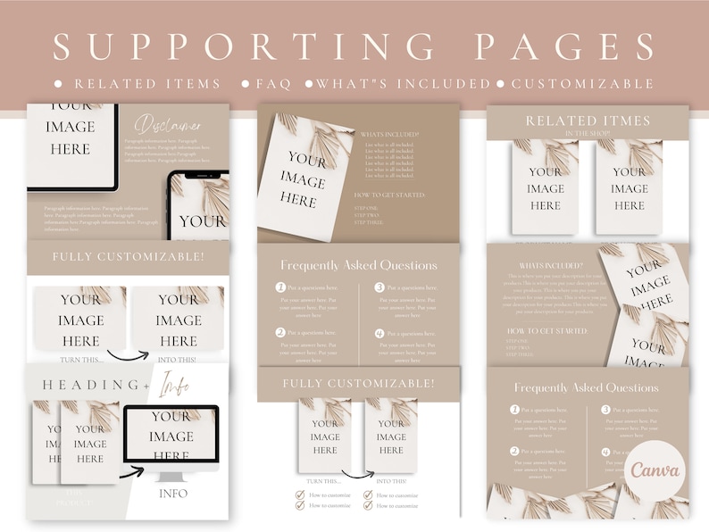 May include: A digital mockup of a website with a beige background and brown palm leaf illustrations. The website is for a product or service that is fully customizable. The website includes sections for related items, frequently asked questions, what's included, and how to get started. The website also includes a section for the product's heading and info.