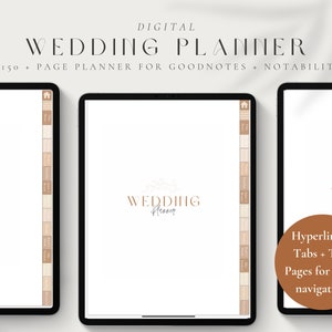 May include: A digital wedding planner for Goodnotes and Notability. The planner has a brown and white color scheme and features hyperlinked tabs and title pages for easier navigation. The planner includes a calendar, checklists, and other helpful tools for planning a wedding.