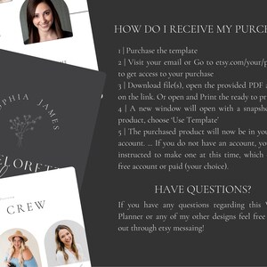 May include: A black and white graphic design with the text "Sophia James Bachelor of the Crew" and a floral design. The graphic is on a black background. The text "How do I receive my purchase?" is in white text on a gray background. The text is followed by a list of steps on how to receive a purchase. The text "Have questions?" is in white text on a gray background. The text is followed by a message about reaching out through Etsy messaging.