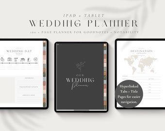 May include: Digital wedding planner displayed on three tablets. The planner includes sections for the wedding day, address, transportation, and dress code. The planner also includes a world map for destination planning. The planner is designed for Goodnotes and Notability.
