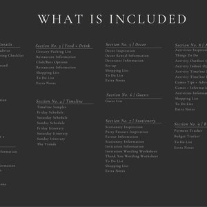 May include: A black and white checklist with the title "What is Included" and a list of sections for planning a bachelorette party. The sections include details, accommodations, food and drink, timeline, decor, guests, stationery, activities, and budget.