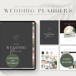 May include: A digital wedding planner bundle with 160+ pages for Goodnotes and Canva. The cover features a minimalist design with a floral illustration and the text "Our Wedding Planner".