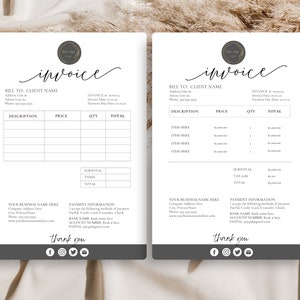 May include: A black and white invoice template with a handwritten "invoice" title. The template includes sections for billing information, description, price, quantity, total, subtotal, tax, and total. It also includes payment information and contact information for the business.