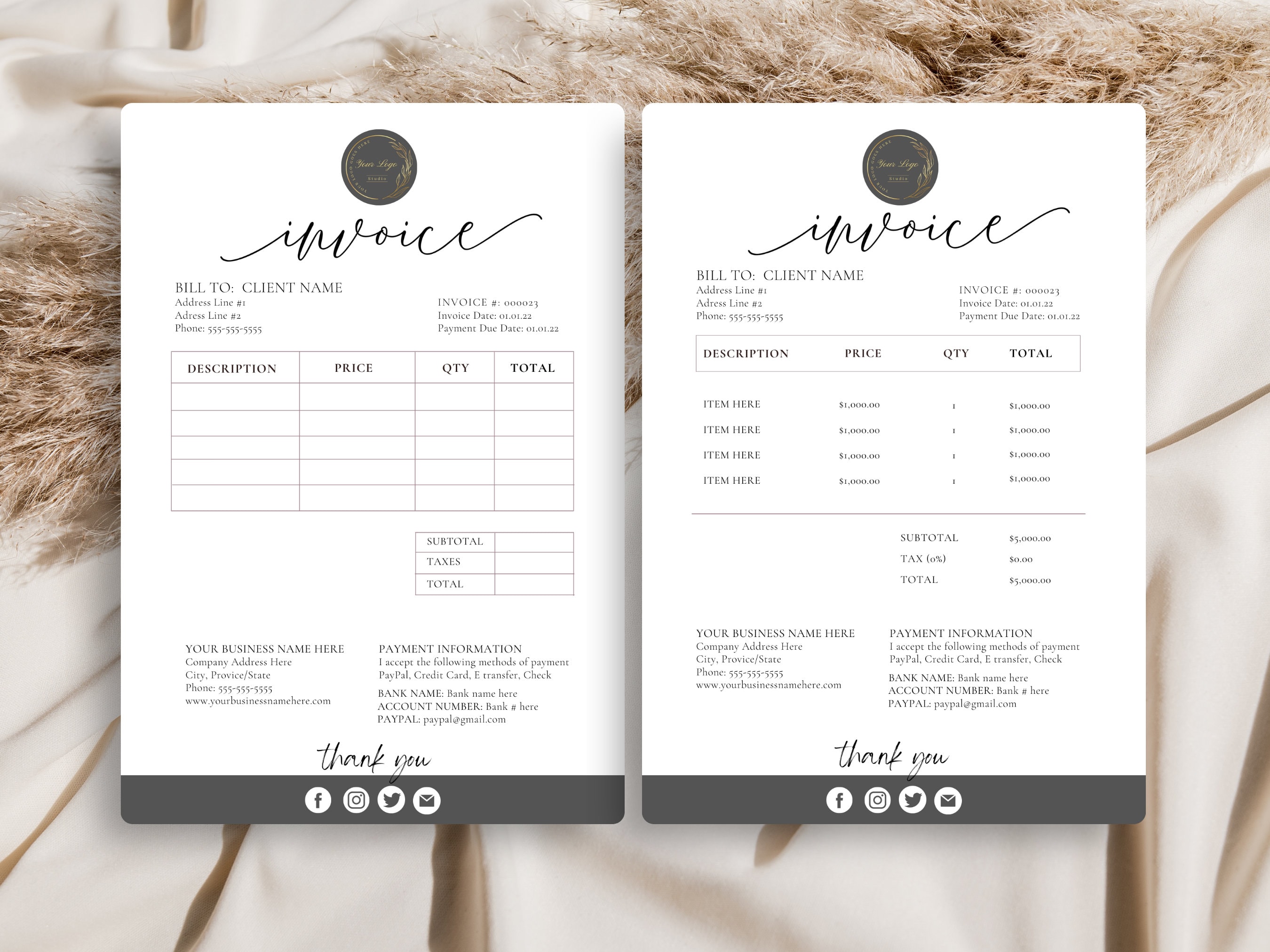 Minimalist Invoice Template,Boho Small Business,Modern Client Invoice,Editable Template,Services Invoice,Business Invoice,TWO CANVA template