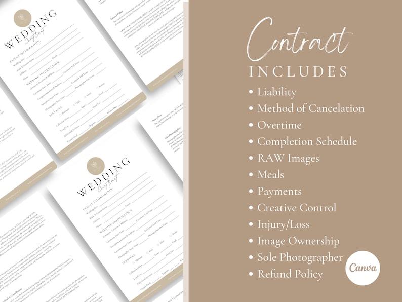 May include: A wedding photography contract template with a beige background and a list of items included in the contract, such as liability, method of cancellation, overtime, completion schedule, RAW images, meals, payments, creative control, injury/loss, image ownership, sole photographer, and refund policy.