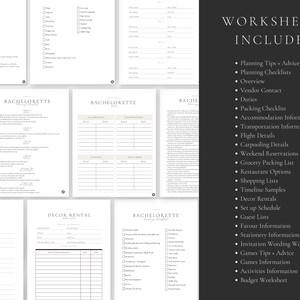 May include: A printable checklist for planning a bachelorette party. The checklist includes sections for packing, accommodation, transportation, flight details, carpooling, weekend reservations, grocery packing, restaurant options, shopping lists, timeline samples, decor rentals, set up schedule, guest lists, favor information, stationery information, invitation wording, games tips and advice, games information, activities information, and a budget worksheet.