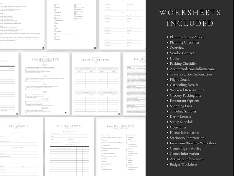 May include: A printable checklist for planning a bachelorette party. The checklist includes sections for packing, accommodation, transportation, flight details, carpooling, weekend reservations, grocery packing, restaurant options, shopping lists, timeline samples, decor rentals, set up schedule, guest lists, favor information, stationery information, invitation wording, games tips and advice, games information, activities information, and a budget worksheet.