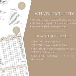 K&ouml;nnte beinhalten: Eine druckbare Reinigungscheckliste in einem beige-wei&szlig;en Farbschema. Die Checkliste enth&auml;lt Abschnitte f&uuml;r K&uuml;che, Badezimmer und B&uuml;ros. Die Vorlage ist f&uuml;r die Verwendung mit einem w&ouml;chentlichen oder monatlichen Reinigungsplan konzipiert. Der Text "WHATS INCLUDED?" und "HOW TO GET STARTED" ist im Bild enthalten.
