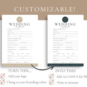May include: A customizable wedding contract template with a simple design. The template includes sections for client information, wedding information, services, and pricing. The template is shown in two different color schemes, one with a brown background and one with a green background.