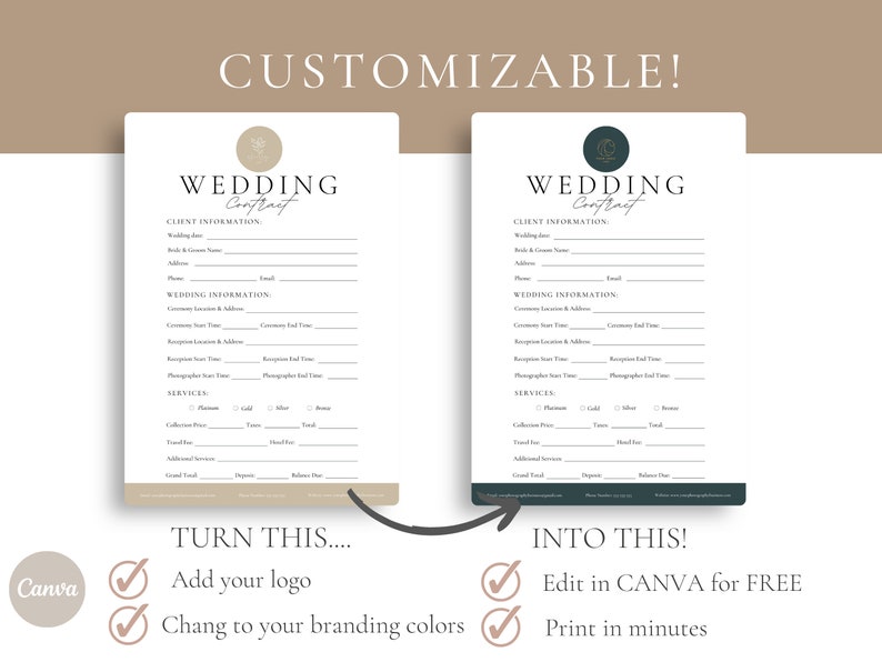 May include: A customizable wedding contract template with a simple design. The template includes sections for client information, wedding information, services, and pricing. The template is shown in two different color schemes, one with a brown background and one with a green background.