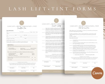 Formulario editable de laminación de cejas, lifting de pestañas y tinte, solicitud de admisión y consentimiento del cliente, plantillas CANVA editables e imprimibles para salones y spas.