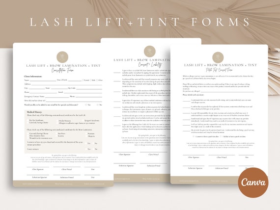 Editable Brow Lamination + Lash Lift + Tint Form, Intake and Client Consent, Editable/Printable Salon,CANVA Templates, Spa Business Forms
