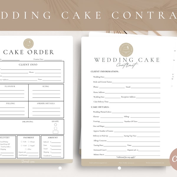 Editable Wedding Cake Contract Template,Wedding Cake Order,Catering Agreement Form for Bakers,Bakery Client Terms and Conditions,CANVA