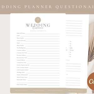 Cuestionario y carta de bienvenida para organizadores de bodas profesionales, formulario de admisión, cuestionario para novios y plantilla editable de Canva.
