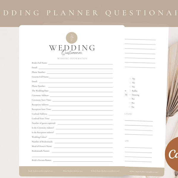 Professional Wedding Planner Client Questionnaire and Welcome Letter, Intake Form, Bride and Groom Questionnaire, Editable Canva Template