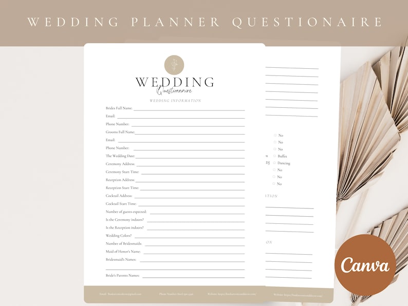 Professional Wedding Planner Client Questionnaire and Etsy