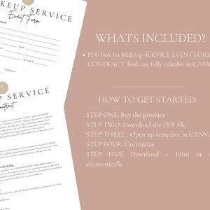 Op de afbeelding: Een roze en bruine printbare sjabloon voor een make-up service evenementformulier en contract. De tekst "WHATS INCLUDED?" staat bovenaan de pagina. De tekst "HOW TO GET STARTED" staat onderaan de pagina. De tekst "Makeup Service Event Form" staat bovenaan de pagina. De tekst "Makeup Service Contract" staat onderaan de pagina.