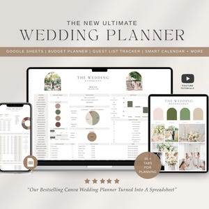 May include: A digital wedding planner displayed on a laptop, tablet, and smartphone screen. The interface features text including THE NEW ULTIMATE WEDDING PLANNER, budget planner, guest list tracker, smart calendar, and 35 tabs for planning.