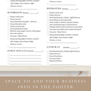 May include: A checklist for cleaning services with sections for bathroom, bedrooms, entryway, and other services. Each section includes a list of tasks to be completed, such as dusting, vacuuming, and mopping.