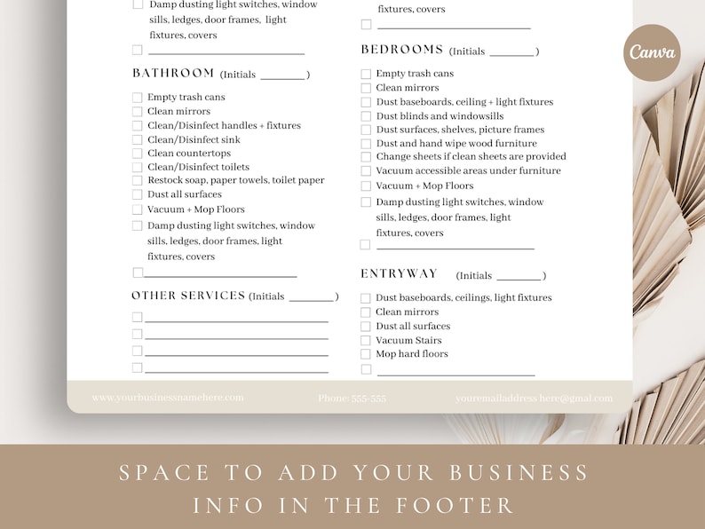 May include: A checklist for cleaning services with sections for bathroom, bedrooms, entryway, and other services. Each section includes a list of tasks to be completed, such as dusting, vacuuming, and mopping.