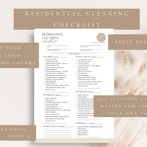 May include: A printable checklist for residential cleaning services. The checklist is divided into sections for different areas of the home, including the kitchen, living areas, bedrooms, bathrooms, entryway, and other services. The checklist is fully editable and includes space for adding your own logo, branding colors, email, website, and phone number. The text "FULLY EDITABLE" and "ALL SECTIONS ALREADY WRITTEN FOR YOU, ADD YOUR OWN TASKS" is visible on the checklist.