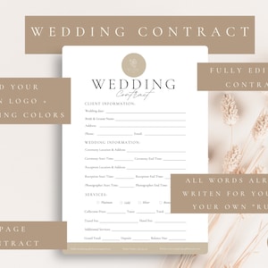 May include: A printable wedding contract template with a floral design. The contract includes sections for client information, wedding information, services, and pricing. The text "FULLY EDITABLE CONTRACT" is at the top right corner of the page. The text "ALL WORDS ALREADY WRITTEN FOR YOU - ADD YOUR OWN "RULES" is at the bottom right corner of the page.