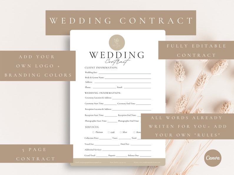May include: A printable wedding contract template with a floral design. The contract includes sections for client information, wedding information, services, and pricing. The text "FULLY EDITABLE CONTRACT" is at the top right corner of the page. The text "ALL WORDS ALREADY WRITTEN FOR YOU - ADD YOUR OWN "RULES" is at the bottom right corner of the page.
