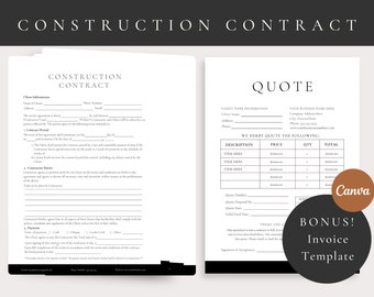 May include: Black and white construction contract and quote template with the text "CONSTRUCTION CONTRACT" and "QUOTE" at the top of each page. The contract template includes sections for client information, contract period, contractor duties, and payment. The quote template includes sections for client name information, description, price, quantity, and total.