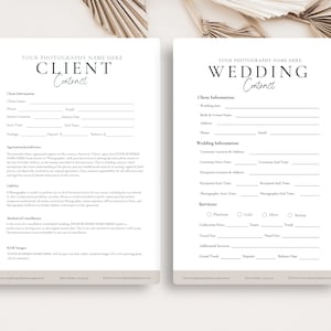 May include: A black and white printable client contract template for photographers. The template includes sections for client information, agreement jurisdiction, liability, method of cancellation, RAW images, and contact information. The template also includes a section for wedding information, including ceremony and reception details, and a section for services, including platinum, gold, silver, and bronze packages.